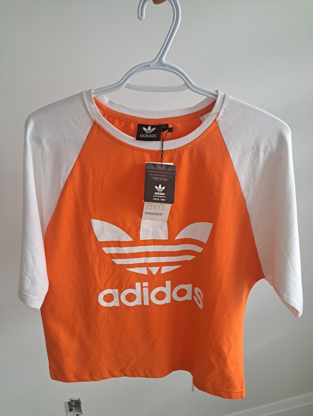 adidas Orange and White Raglan Trefoil Logo Tee
